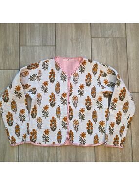 Kantha Quilted Jacket Womens M Floral Cotton Boho Artisan Coat